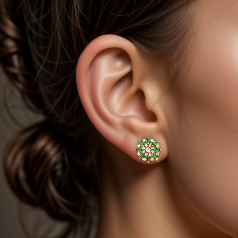 lazurde Flower Green Stones Stud Earrings in 18K Gold - Image 2